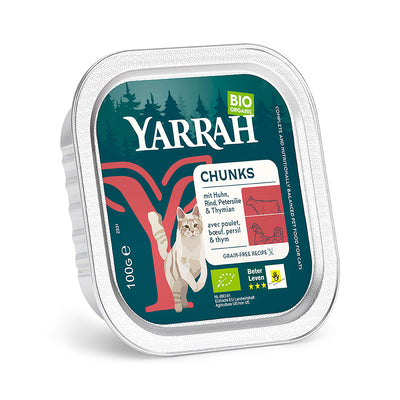 Rette mich: Yarrah Bio Katze Schale Bröckchen getreidefrei Huhn mit Rind 16×100g Schale