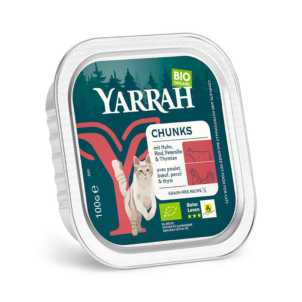 Yarrah Bio Katze Schale Bröckchen getreidefrei Huhn mit Rind 16×100g Schale