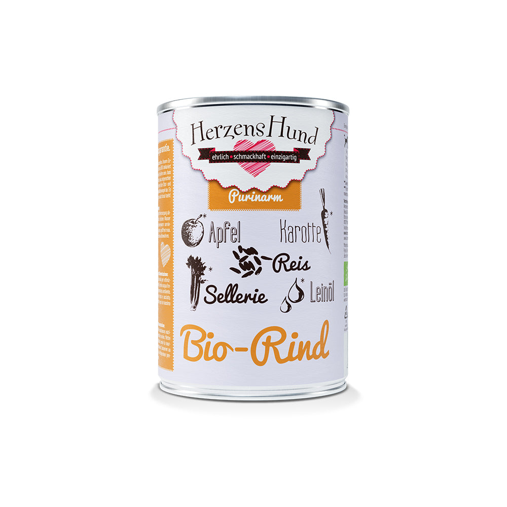 HerzensHund Bio-Rind mit Apfel - purinarm für Hunde 12 x 400g Dose